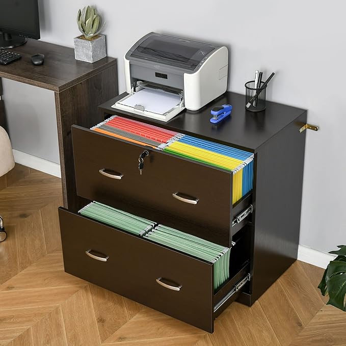 Lateral 2-Drawer File Cabinet with Lock Small Filing Cabinets Under Desk Storage Organizer for Home Office Vertical Locking Cabinet DrawersModern FurnitureBrown
