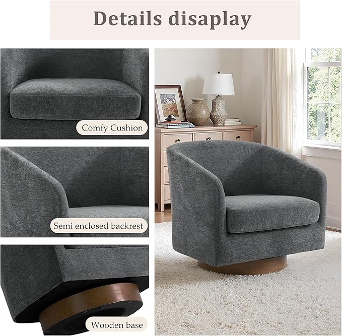 Swivel Accent Chair 31 W Chenille Fabric Swivel Barrel Chair for Living Room Modern Comfy Upholstered Round Armchair Single Sofa Chair for Bedroom Club-Gray