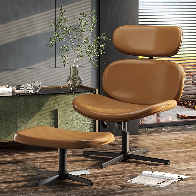 Bestier Swivel Modern Chair with Ottoman No Wheels PU Criss Cross Reading Chair with Extended Headrest &amp Adjustable Seat Modern Armless Ergonomic Chair for Living Room Brown
