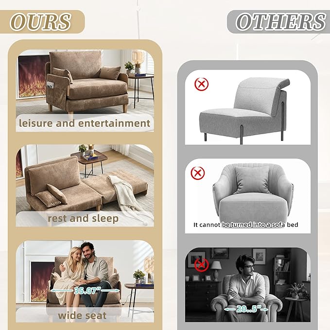 GDFStudio Foldable Sofa Bed Recliner 3-in-1 Convertible Sleeper Sofa with Pillows Mid Century Modern Chenille Upholstery for Small Spaces Bedroom Study Room Guest Room Light Brown