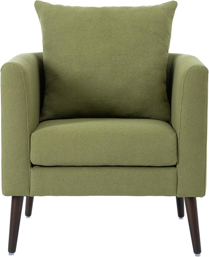 Modern Upholstered Accent Chair Mid-Century Lounge Armchair with Pillow Comfy Reading Side Accent Chairs Single Sofa Chair with Wood Legs for Living Room Bedroom (Olive Green+Fleece)