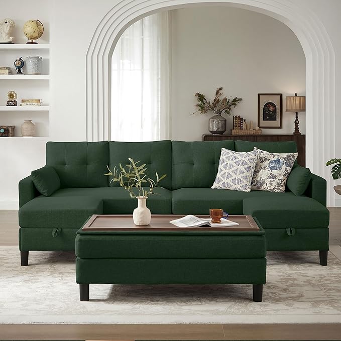 101 Convertible Sectional Sofa Modern Linen Fabric U-Shaped Couch with Reversible Chaises and Ottoman Coffee Table 4 Seat Sofa Couches for Living Room Apartment Office Green