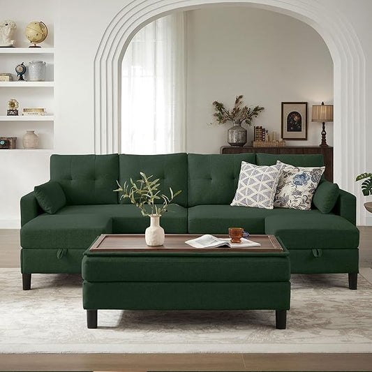 101 Convertible Sectional Sofa Modern Linen Fabric U-Shaped Couch with Reversible Chaises and Ottoman Coffee Table 4 Seat Sofa Couches for Living Room Apartment Office Green