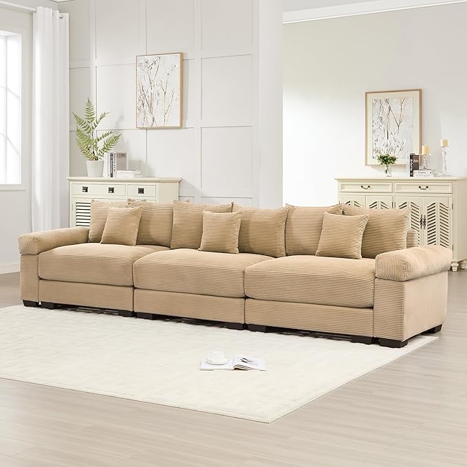 KEIKI 130 Oversized Corduroy Modular Cloud Sectional Sofa with High-Density Foam Cushions Extra-Thick Armrest Upholstered Modern 3-Seater Fluffy Corner Couch with 9 Pillow for Living Room Camel