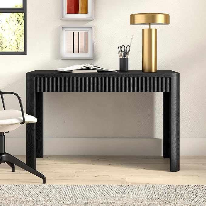 Henn&ampHart 48 Fluted Modern Rectangular Home Office Desk Ribbed Computer Desk Writing Table with 2 Storage Drawers for Home Office Natural Black