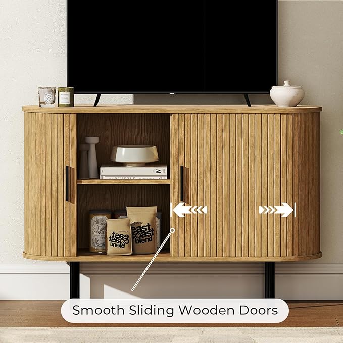 BREEZEHEAT 47 Mid Century Modern TV Stand-Fluted Sideboard Buffet Cabinet –Tambour Credenza Console Table w/Sliding Doors &amp Adjustable Shelves–Small TV Stand for Living Room/Bedroom