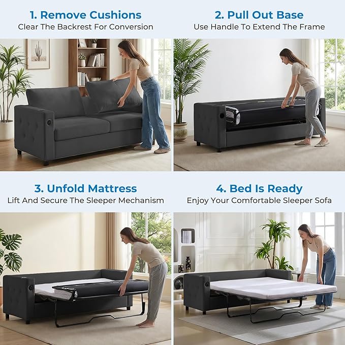 Mjkone 80 Queen Size Pull Out Sofa Bed Velvet 2-in-1 Convertible Sleeper Sofa Bed with Memory Foam Mattress Cup Holder USB Charging PortsGuest Couch Bed for Living Room Small Spaces - Grey