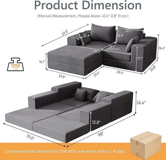 Modern Small Boneless Couch Convertible Modular Sectional Sleeper Sofa Bed Corduroy Memory Foam Cozy Modular Cloud Couch L-Shaped Cloud Sofa for Living Room No Assembly Grey