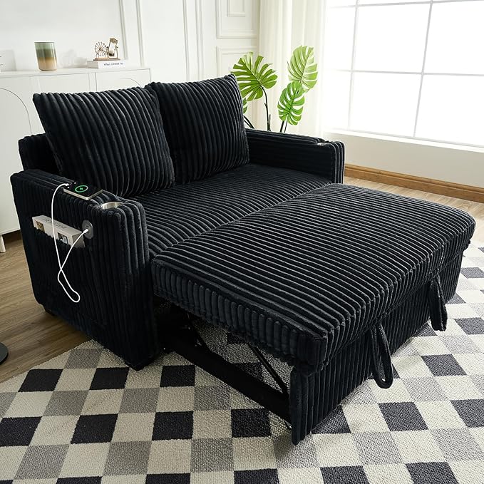 Antetek Pull Out Sofa Bed Futon Convertible Modern Corduroy Loveseat Chaise Lounge Sofa Couch with USB Charging Ports &amp Cup Holders for Guest Room Living Room Bedroom Adjustable Backrest Black