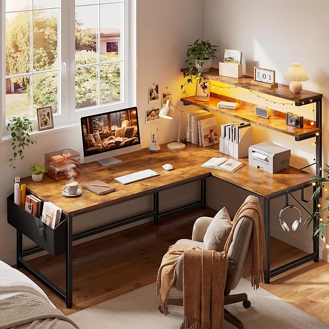 L Shaped Gaming Desk with LED Light &amp Power Outlet 53 Inch Reversible L Shaped Office Desk with Shelf &amp Storage Bag &amp Hook for Home Office Rustic Brown