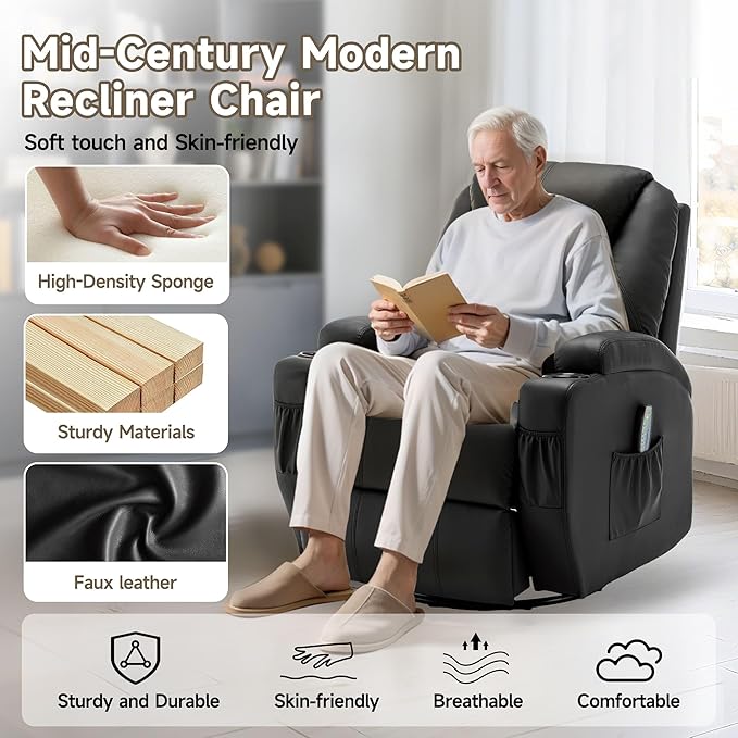 Recliner Chair Rocking Chair with Massage and Heat 360° Swivel Recliner Chairs for Adults Rocker Manual Recliner with Remote Control and Cup Holder for Living Room Bedroom Nursery