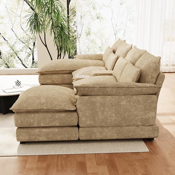 OUYESSIR 135 U Shaped Sectional Cloud CouchBrown Sectional Couches for Living RoomComfy Fluffy Chenille Oversized Cloud CouchModular Sectional Sofa with Central Console &amp Double Chaise Lounge