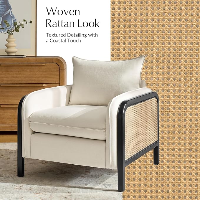HULALA HOME Woven Rattan Armchair Modern Accent Chair with Wood Armrest and Legs for Living Room Bedroom Makeup Room Detachable Cushion &amp Upholstered Set of 2 Natural