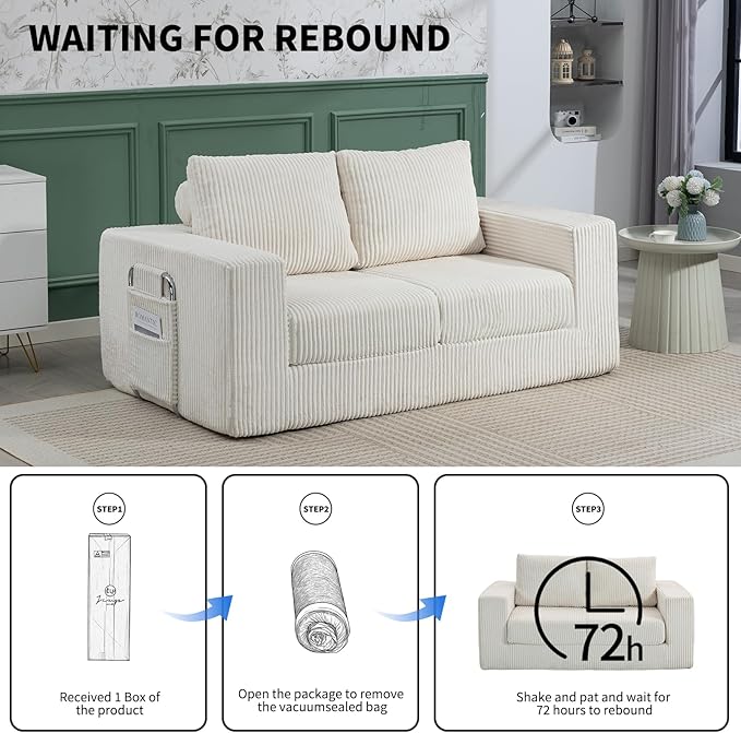 J.C.UP 69'' Convertible Sofa Bed Pull Out Loveseat Sleeper Sofa 2 Seater Boneless Folding Sofa Bed Floor Couch with Deep Seat Chaise Lounge for Living Room Bedroom No Assembly Required Beige