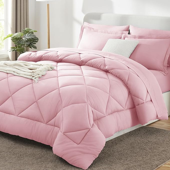 CozyLux King Size Comforter Sets Pink - 7 Pieces Bed in a Bag King Luxury Soft Bed Set for All Seasons Bedding Set with Down Alternative Comforter Sheets Pillowcases &amp Shams