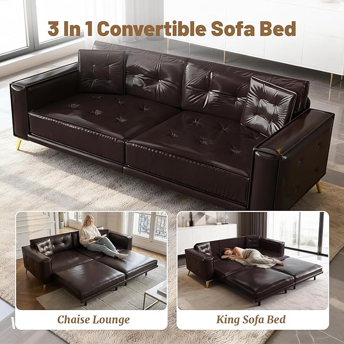 92 King Pull Out Sofa Bed PU Leather Convertible Sleeper Couch with Tufted Design Oversized 4-Seater Modern Mid Century Sectional Couch for Living Room Small Spaces Dark Brown