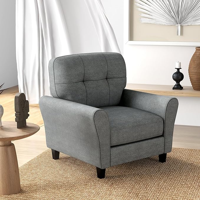 Giantex Modern Mid-Century Accent Chair Set of 2 - Linen Living Room Chair with Tufted Back 7 Thick Cushion Max Load 400 lbs Upholstered Armchair Club Chair for Bedroom Grey