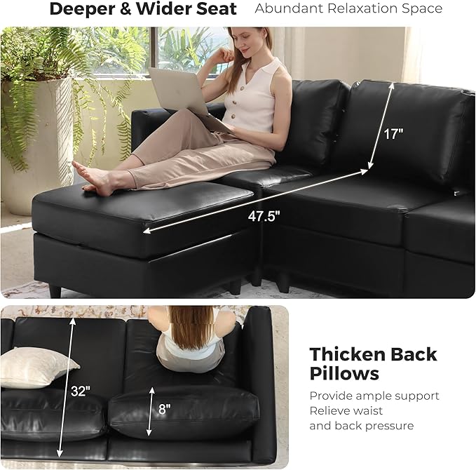 ABCASA Modular Sectional Loveseat Sofa Couch with Storage Seats 3 Seater L Shaped Couch with Movable Ottoman for Small SpacesBlack