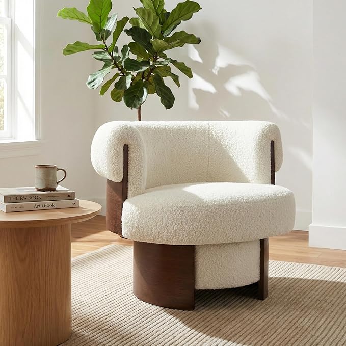 360° Swivel Barrel Chair Set of 2 Modern Curved Sculptural Swivel Barrel Chair Comfortable Fabric Upholstered Single Sofa for Living Room and Bedroom (Beige/144)