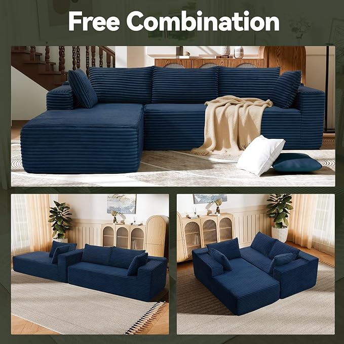 106 Modular Sectional Sofa Blue Corduroy Cloud Couch with Right Chaise Deep Seat Boneless Floor Sofa for Living Room High-Resilience Foam Support No Assembly Required Includes Pillows | Sectiona
