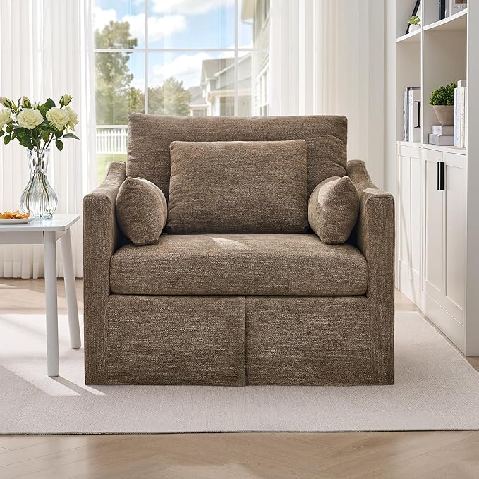 ONBRILL Accent Chair for Living Room Slipcovered Chair with 3 Throw Pillows Comfy Reading Chair Deep Seat Armchair w/Sloped Arms Modern Single Couch Sofa for Apartment Brown