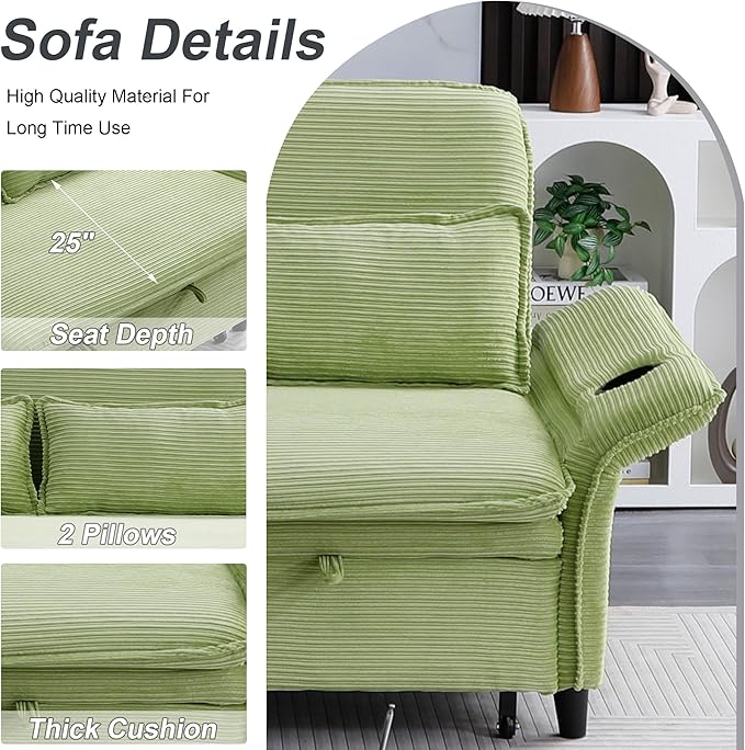 3 in 1 Convertible Sleeper Sofa Bed Loveseat Sleeper 65” Pull Out Couch Adjustable Armrest and Backrest with 2 Pillows for Living Room Bedroom (Green)