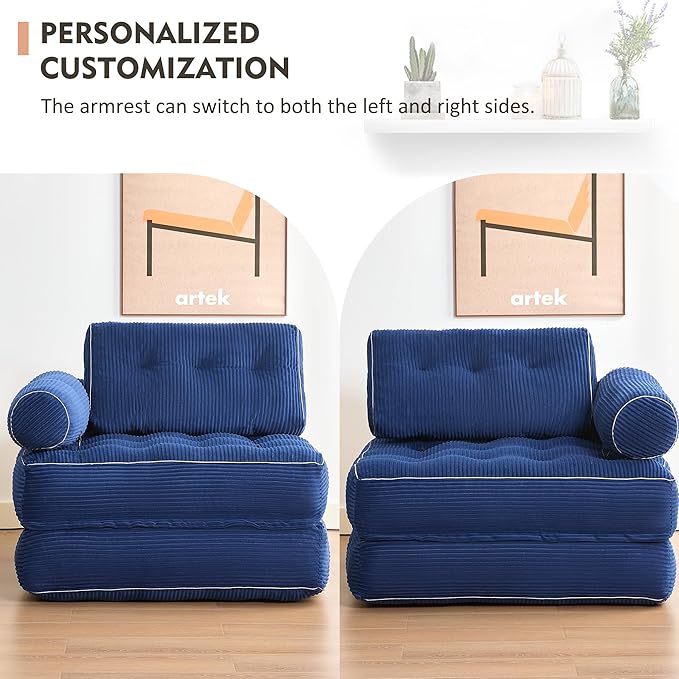 Plus Futon Sofa Bed for Small Spaces Floor Couch with Armrest Folding Sofa Couch Convertible Sleeper Chair Bed with Pillow Portable Comfy Floor Lounge for Living Room and Bedroom Blue