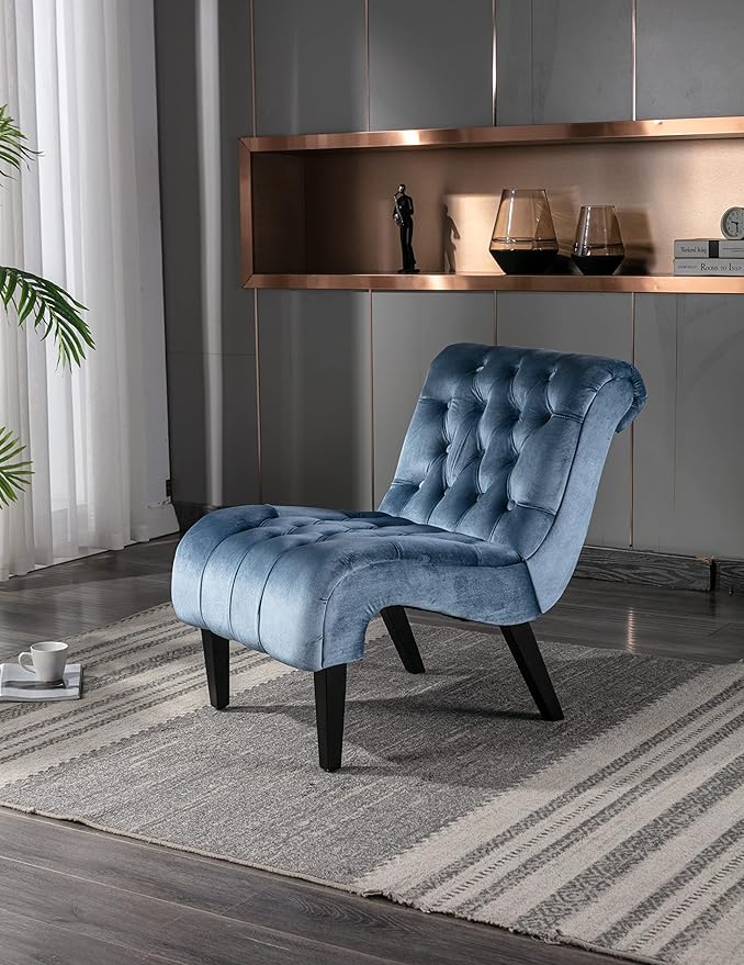 Modern Armless Living Room Chair/Leisure ChairUpholstered Fabric Button Comfortable Chair with Wooden Legs for Bedroom Living Room Office (Light Blue)