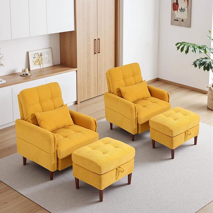 Accent Chairs with Storage Ottoman Corduroy Fabric Armchair with Adjustable Backrest and Side Pockets Mid Century Modern Reading Sofa Chair for Living Room Bedroom-Orange Set of 1