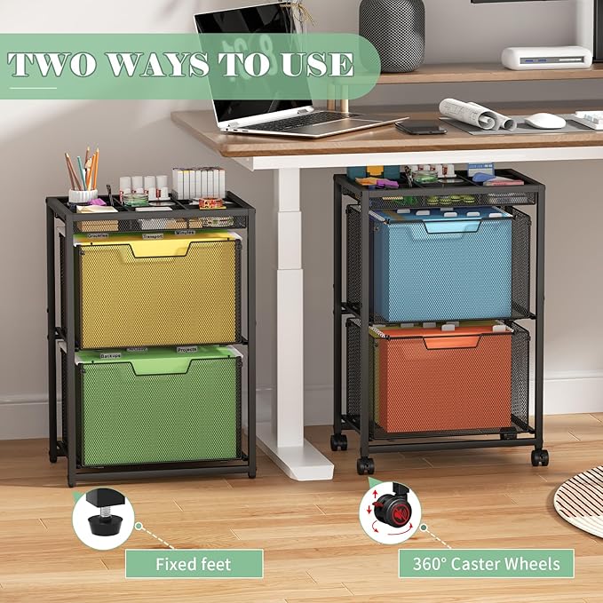 Rolling File Cart with 2 Drawers Under Desk Storage Cabinet with DIY Divider Letter/Legal Mobile Filling Cabinet on Wheels Hanging File Folders Organizer Metal Utility Cart for Home Office Black
