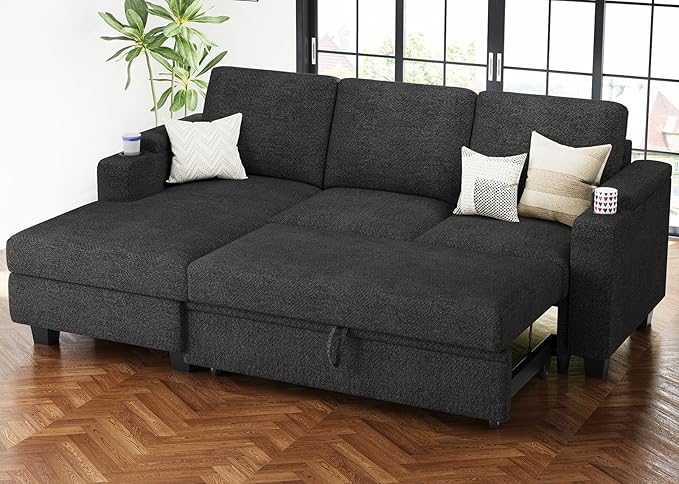 Belffin Sleeper Sofa Bed Pull Out Couch L Shaped Couch with Storage Left-Facing Chaise Modular Sectional Sofa. Dark Grey