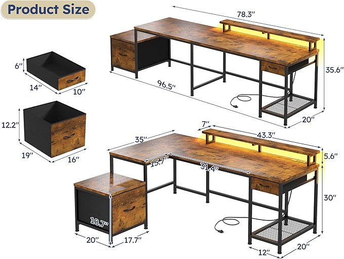 96.5''Office Desk with LED Lights L Shaped Gaming Desks with Power Outlets Two Person Computer Desk with Drawers &amp Monitor Shelf for Home Office Study Room and Bedroom Rustic Brown