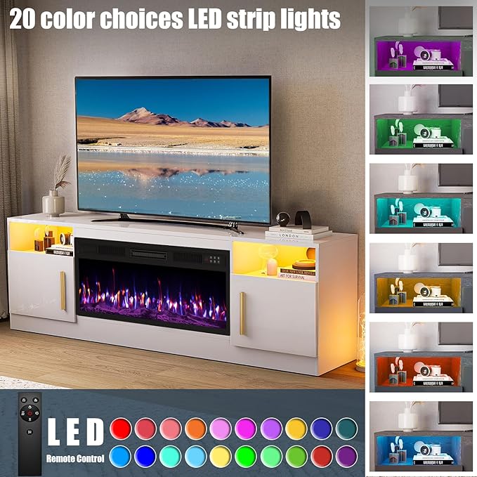 VITESSE Fireplace with TV Stand 36 inch Electric Fireplace Up to 80 TVs LED Light Entertainment Center 70 Modern Wood High Gloss with Highlight Storage Cabinet for Living Room (White)
