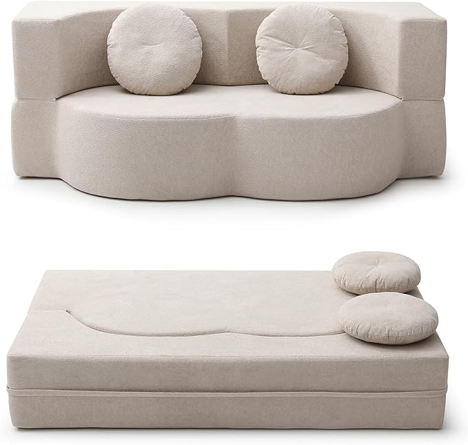 2-In-1 Futon Sofa Bed Foldable Couch with 2 Pillows Convertible Foldable Sofa Bed Folding Sofas Beds for Living Room Guest Room Apartment Office Lazy Sleeper Comfy No Assembly (khaki)