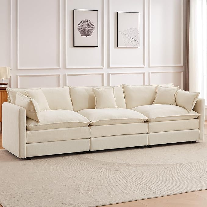 Modular Sectional Sofa 112.2 Inch Rectangle Shaped Couch Set with Armrests 3-Seater Comfy Cloud Couches for Living Room Apartment Beige