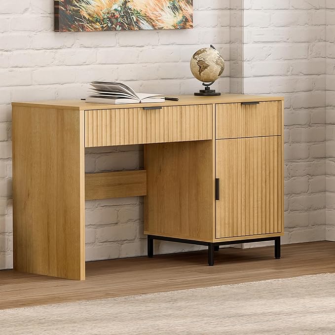 47 Executive Desk with Fluted Drawers Wooden Home Office Desk with Storage Cabinet Charging Station Metal Legs Modern Farmhouse Computer Desk for Work Study Natural Oak