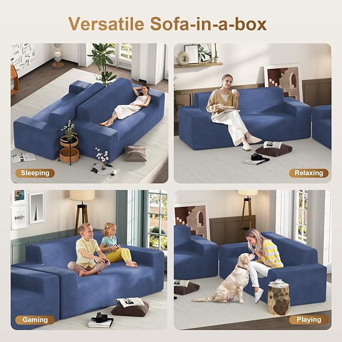 Vivvadecor 79 Corduroy Floor Foam Sofa Sofa-in-a-Box Modern 3-Seater Couch with 24 Deep Seat No Assembly Needed Sofas for Compact Living Room Apartment Home Office Navy Blue