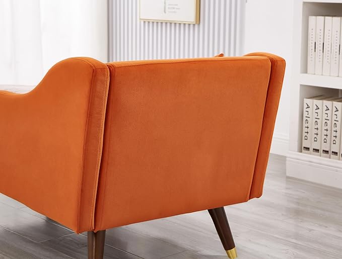 58 Modern Velvet Sofa Chaise with Tilted Backrest Comfortable Luxurious Lounge Chair with Curved Armrests Stylish Sofa Couch with Solid Wood Legs for Apartment Bedroom Living Room Orange