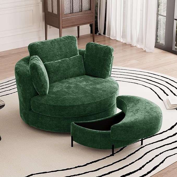 Aoiy &amp Wifon 50'' W Oversized Swivel Barrel Chair with Storage Ottoman Green Round Accent Chair with Half Moon Ottoman for Living Room Deep Seat &amp Extra Wide Chenille