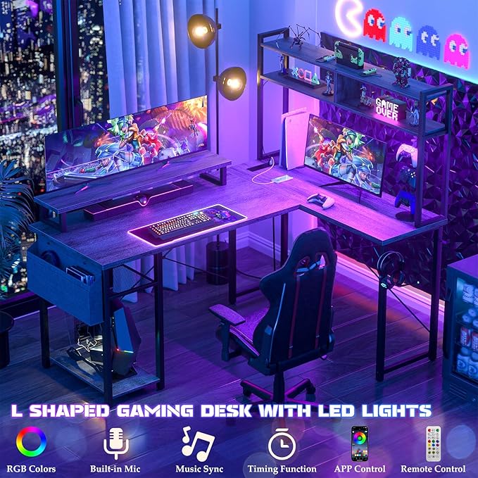 Aheaplus Small L Shaped Gaming Desk with LED Lights &amp Power Outlets Reversible L-Shaped Computer Desk with Monitor Stand &amp Storage Shelf Corner Desks Home Office Desk with Storage Bag White