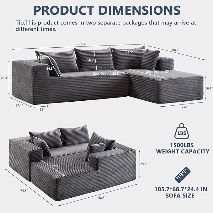 107 Modular Sectional Couch with L-Shape ChaiseBoneless Sofa for Living RoomModern Cloud Couch with Deep SeatNo Assembly RequiredLovesetGrey(Right Facing Chaise)