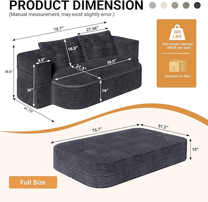78.7'' Convertible Sleeper Sofa Corduroy Floor Foam Sofa Couch Love Seat Sleeper Bed Modern Folding Futon Couch Foldable Full Size Guest Bed with 2 Pillows and Blanket for Living Room (Dark Gray)