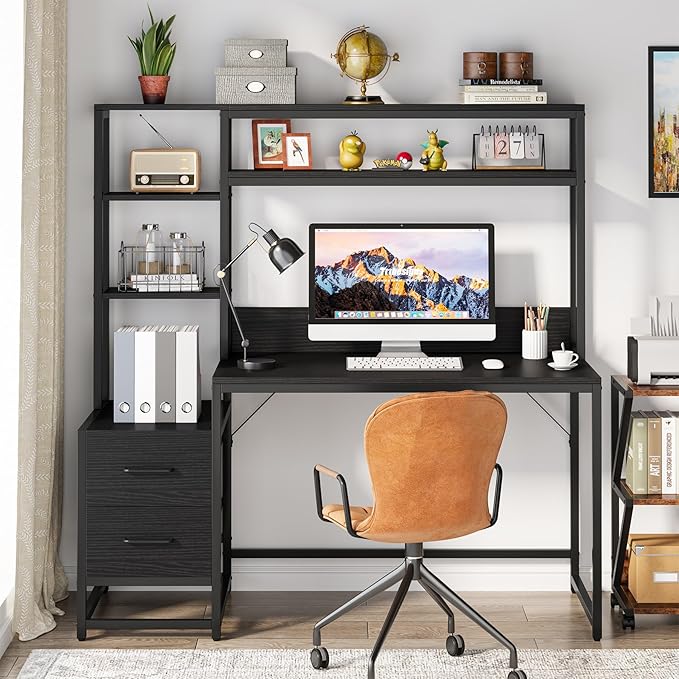 Tribesigns 55 Inch Computer Desk with 2 Drawers and Storage Shelves Rustic Office Desk with Hutch Study Writing Gaming Table Laptop Workstation for Home Office (Black)