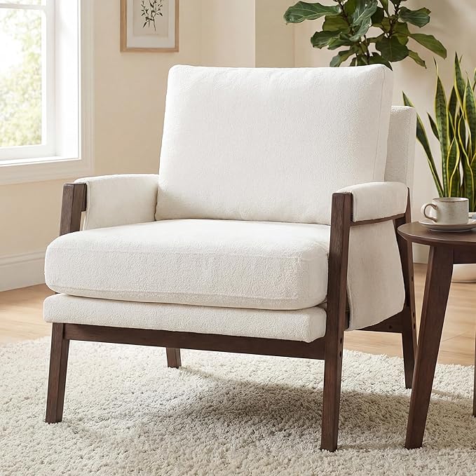 DUHOME Mid Century Modern Accent Chair with Wood FrameComfy Reading Chair with Armrest Mid Century Modern Chair Upholstered Living Room Chairs for BedroomWhite