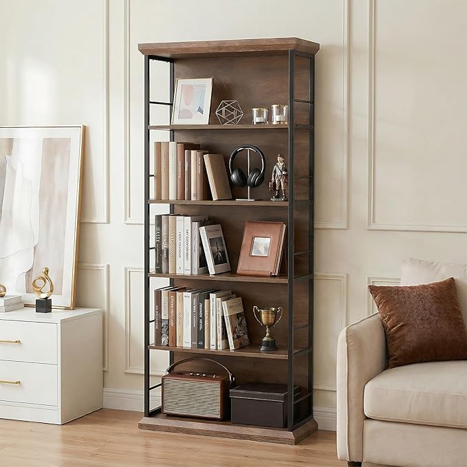 LITTLE TREE 5-Tier Bookcase 72 Inches Farmhouse Wooden Bookshelf Free-Standing Display Storage Shelves for Home Office Living Room Kitchen Room Brown