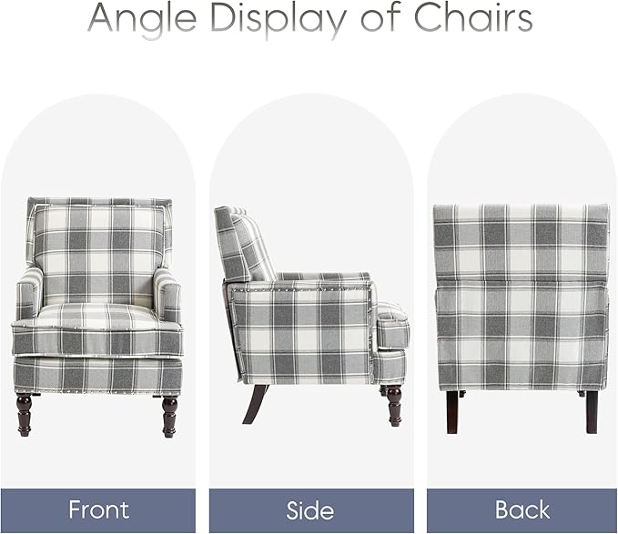 Vintage Upholstered Mid Century Accent Armchair with Solid Wood Frame &amp Plush Cushion for Living Room Bedroom Office - Antique Grey Checkered