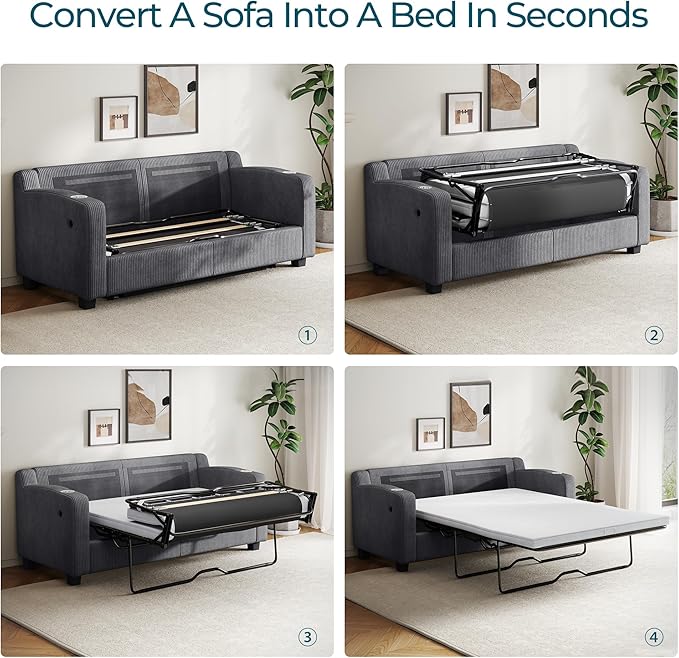 LINSY HOME Pull Out Sofa Bed - Convertible Loveseat Sleeper Sofa Upgraded Bed Frame Pullout Couch - USB Charging &amp Cup Holders Corduroy Sofa Bed for Living Room Small Space Queen Size (Grey)