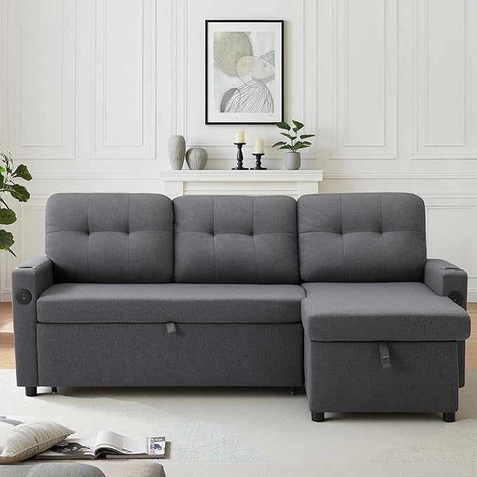 82 Pull Out Sofa BedL-Shape Modern Sleeper Sofa Upholstered Sectional Couch with USB Port and Side Pockets for Living RoomGuest Room (Dark Grey)