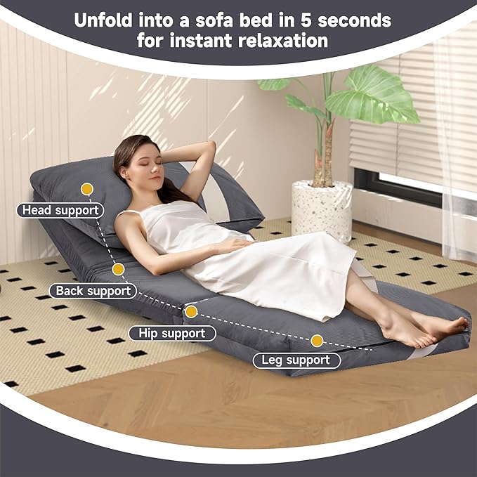 Folding Sofa Bed Set of 2 Convertible Floor Sofa with 6-Position Adjustable Backrest Metal Frame and Handle Futon Floor Couch for Dorm Bedroom Apartment Dark Gray