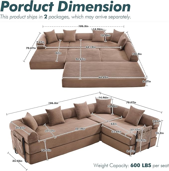 10-in-1 Folding Convertible Sofa Bed 141 Inch Boneless Couch with Fixed-Shape Frame Corduroy Modular Sectional Sofa Mattress Sleeper Sofa Floor Sofa Futon Couch for Living Room (Brown)